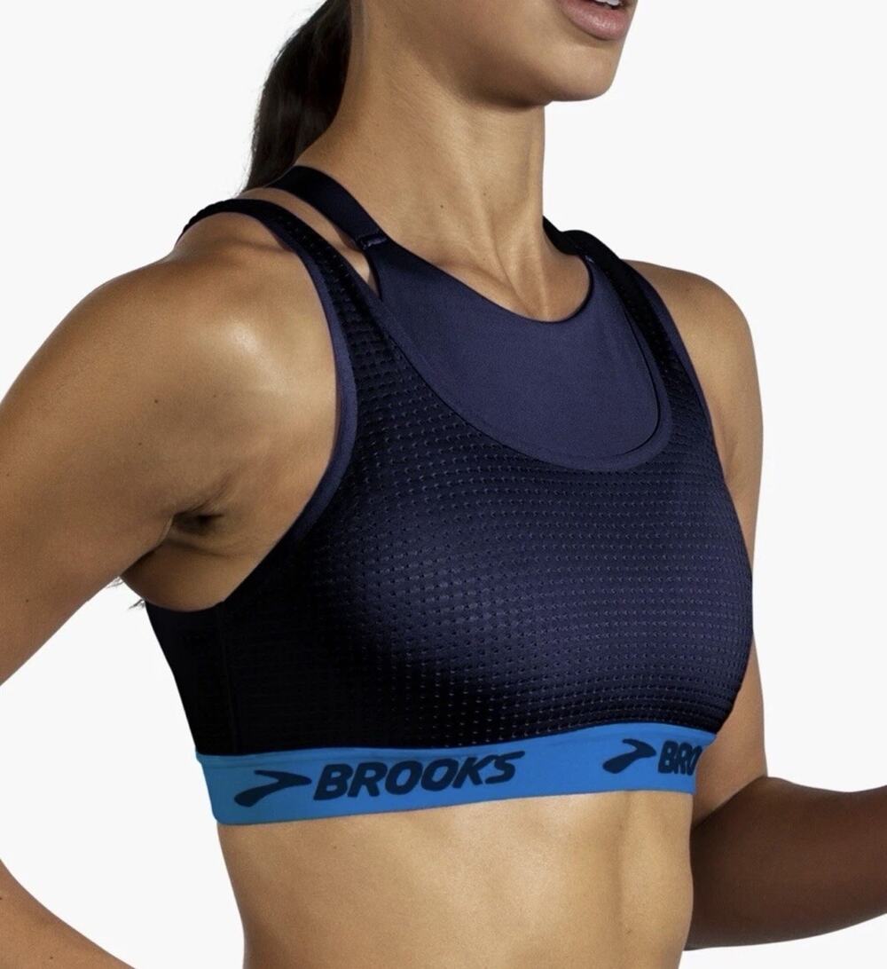 Brooks Running Sports Bra Womens Blue Mesh Strappy High Neck Crop Top Size L